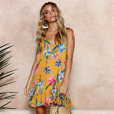 Buy Boho Cotton Print Floral Strap Summer Dress Sexy Yellow Women Dress V Neck