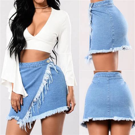 Fashion Causal Women Ladies Summer Denim Skirts Button Blue Tassel