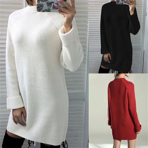 New Autumn Winter Women Dress Casual Long Sleeve Turtleneck White