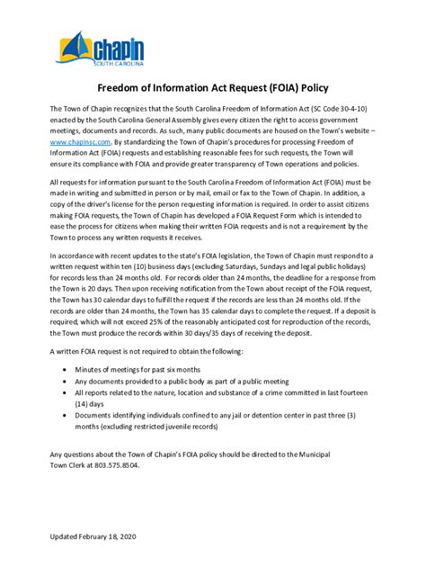 Fillable Online Freedom Of Information Act Request Foia Policy Chapin