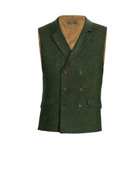 Gilet Doppio Petto Con Risvolto Verde Spigato In Tweed