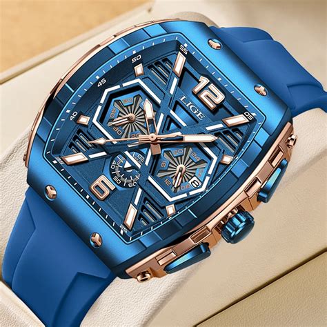 LIGE Mens Watches Top Brand Luxury Square Silicone Watch For Men