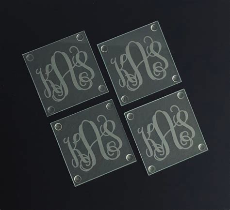 Monogram Glass Coasters, Personalized Laser Engraved Set of 4, Wedding ...