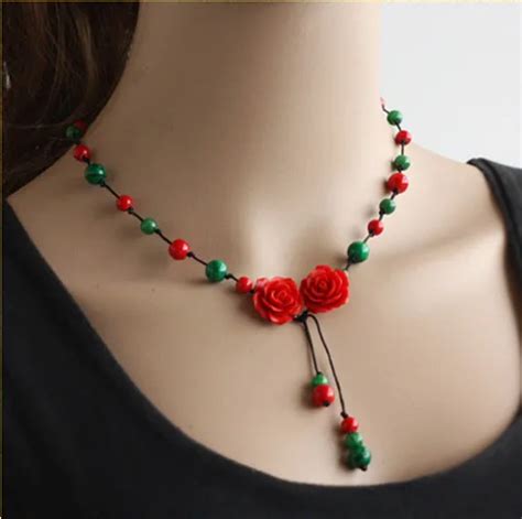 Rose Flower Green Red Beads Necklace Handmade Jewelry Ethnic Women Necklace Vintage Jewelry