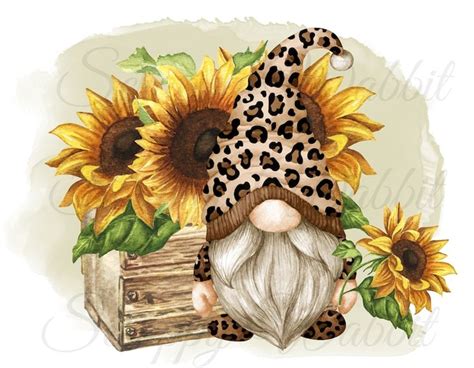 A Gnome With Sunflowers And A Leopard Print On It S Face Sitting Next