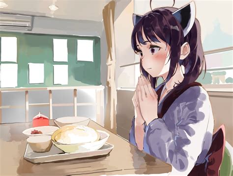 Safebooru 1girl Ahoge Black Hair Blush Cafeteria Closed Mouth Curtains Food Japanese Clothes