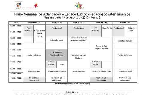 Espaço Agir Plano Semanal De Actividades 9 A 13 De Agosto