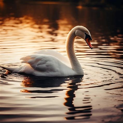 Premium Ai Image Beautiful White Swan Swimming On The Lake At Sunset