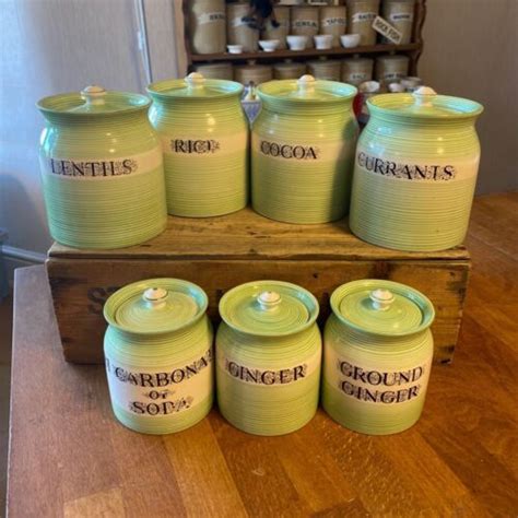 Vintage Set 7 Green Banded Oriency Ware Gibsons Kitchen Storage Jars