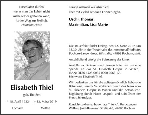 Traueranzeigen Von Elisabeth Thiel Trauer In Nrw De