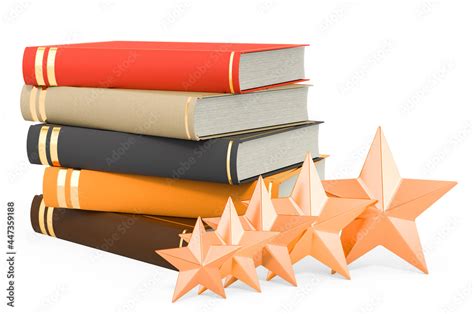 Book review concept. Book with five golden stars. 3D rendering Stock Illustration | Adobe Stock