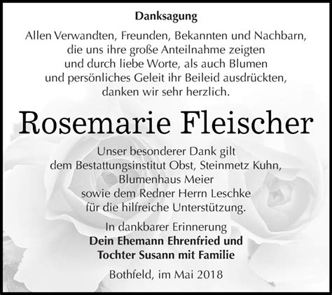 Traueranzeigen Von Rosemarie Fleischer Abschied Nehmen De