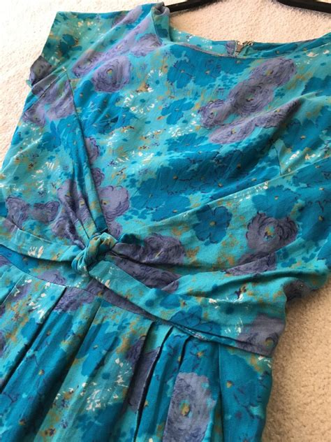 Vintage 1950s Blue Dress Xs 2 Women 50s Cotton Floral Day Turquoise