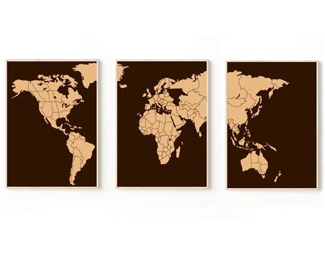 3 piece wall art printable brown world map world map with countries ...