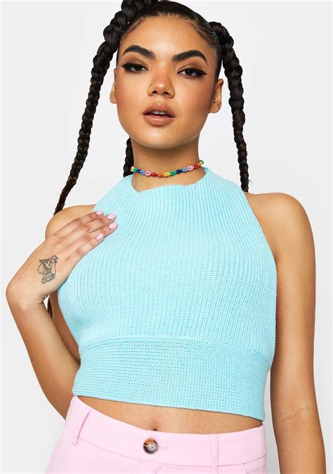 Knit Crop Halter Top Light Blue Dolls Kill