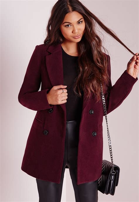 Missguided Double Breasted Tailored Wool Coat Burgundy Burgundy