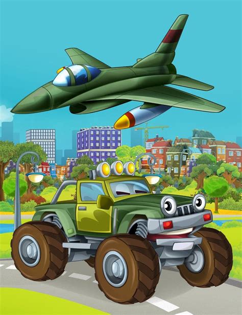 Cartoon Scene with Military Army Car Vehicle on the Road and Jet Plane ...