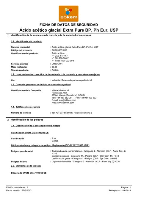 Ficha De Datos De Seguridad Cido Ac Tico Glacial