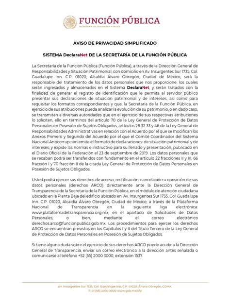 Aviso De Privacidad Simplificado Declaranet Pdf Privacidad De La Información Ciudad De México