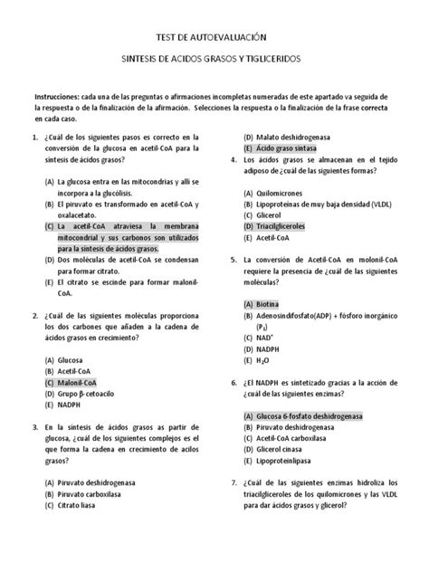 PDF Test De Autoevaluacion Bioquimica Sintesis De Acidos Grasos Y