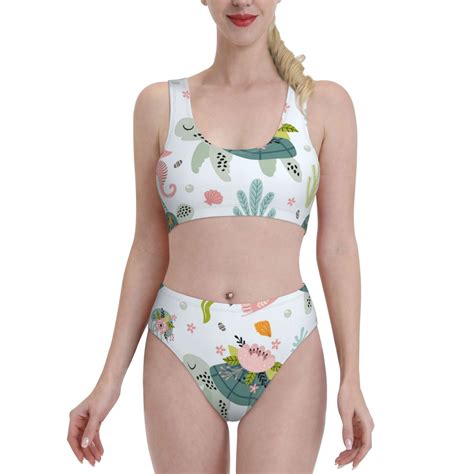 Adobk Turtle And Sea Life Print Women High Waisted Bikini Set Sports