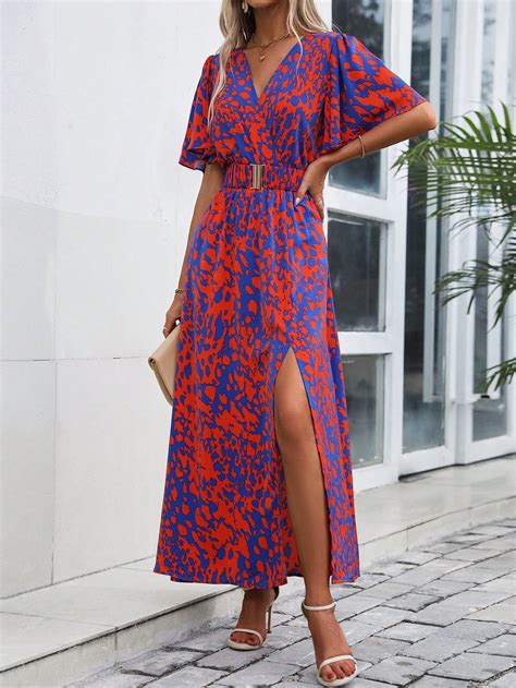 Allover Print Butterfly Sleeve Split Thigh Dress Shein Usa