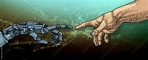 Creation Of Adam With Artificial Intelligence Ai Robot And Men After