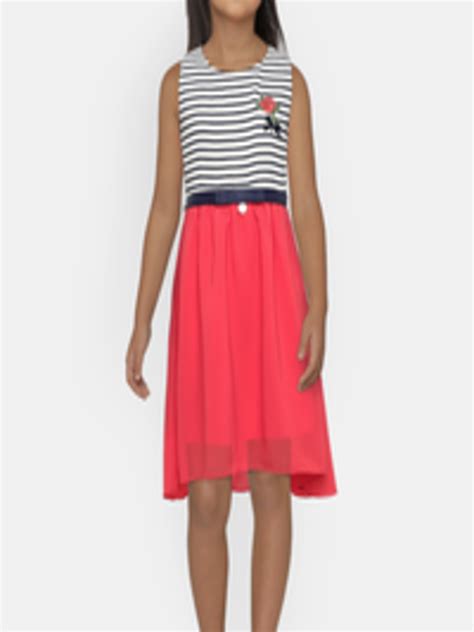 Buy Peppermint Girls Navy Blue And Peach Coloured Striped Fit And Flare