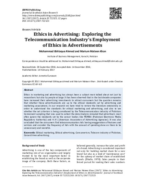 (PDF) Ethics in Advertising: Exploring the Telecommunication Industry's Employment of Ethics in ...