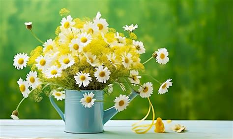 Buqu De Flores De Camomila Em Regador E Borboleta Em Cima Da Mesa No