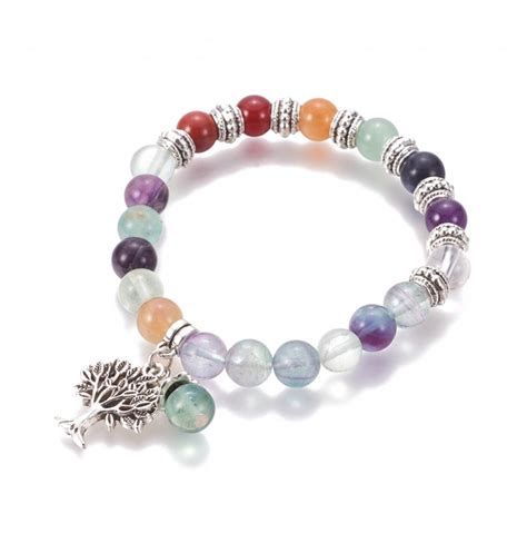 Fluorite 7 Chakras 8mm Bracelet Arbre De Vie Elastique