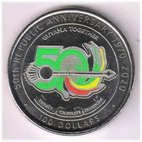 Guyana - 100 dollars 2020 , 50th anniversary commemorative unc color ...