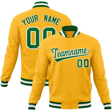 Custom Gold Kelly Green White Classic Style Varsity Full Snap Letterma