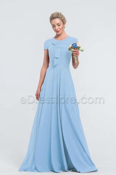 Modest Lds Beaded Slate Blue Bridesmaid Dresses With Sleeves Edresstore