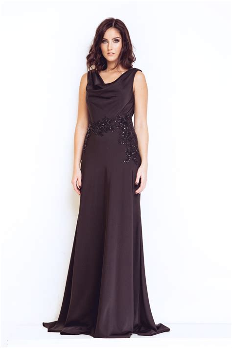 Satin Cowl Neck A Line Evening Dress With Black Beaded Detailing At