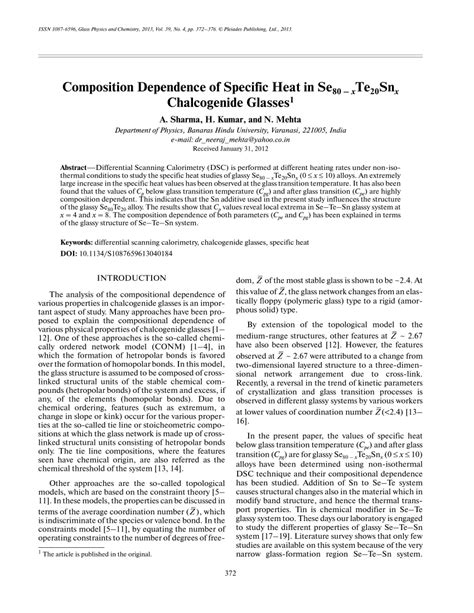 Pdf Composition Dependence Of Specific Heat In Se80 Xte20snx Chalcogenide Glasses