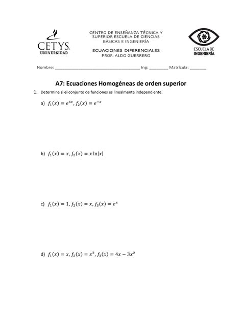 A7 Ecuaciones Homogéneas de orden superior CENTRO DE ENSE N ANZA