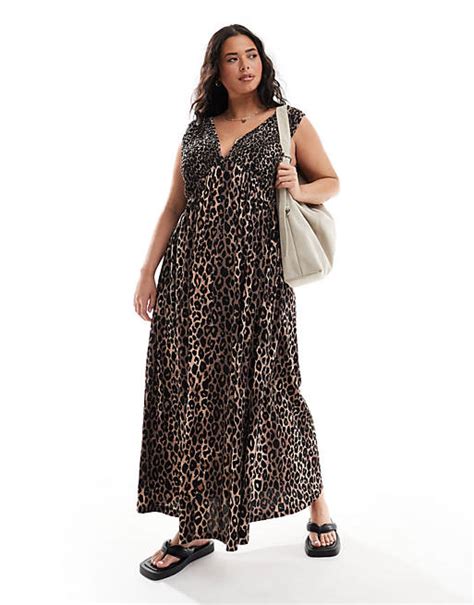 Asos Design Curve V Neck Midaxi Dress With Full Hem In Leopard Print Asos