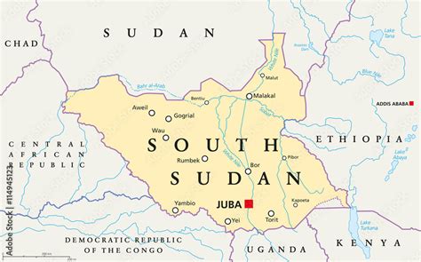 South Sudan political map with capital Juba, national borders ...