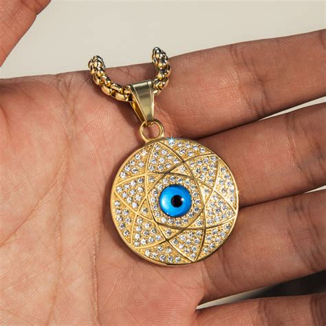 Iced Star Of David Evil Eye Round Pendant Helloice Jewelry