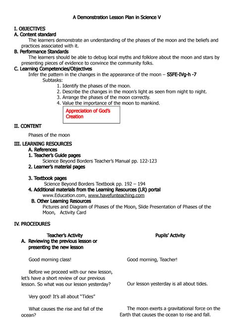 Detailed Lesson Plan Phases Of The Moon A Demonstration Lesson Plan In Science V I Objectives