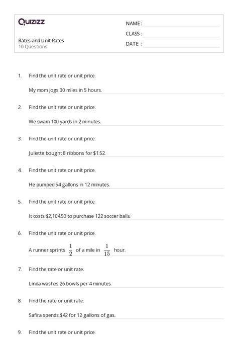 50 Unit Rates Worksheets For 7th Grade On Quizizz Free And Printable