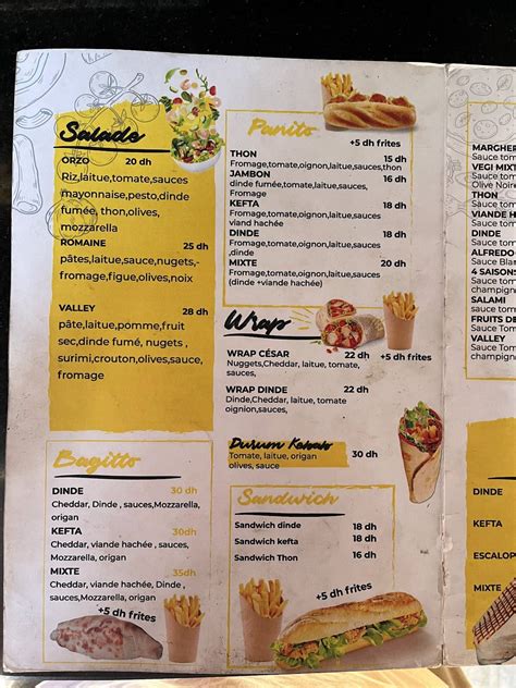 Menu at Valley restaurant, Agadir