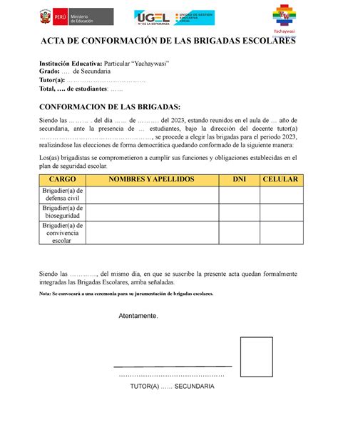 ACTA DE Conformación DE LAS Brigadas Escolares 2023 ACTA DE