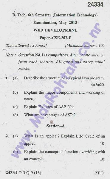 Web Development Wd May B Tech Th Semester Question Paper