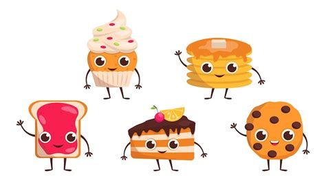 Premium Vector Set Of Cute Dessert Characters Cupcake Pancakes Toast