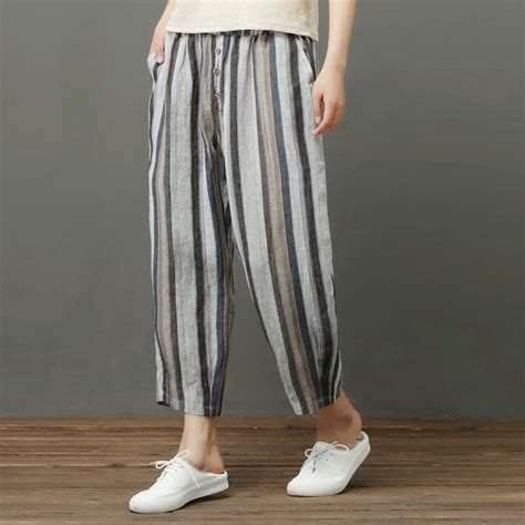 Striped Casual Cotton Linen Pants Women Harem Capris Female Elastic