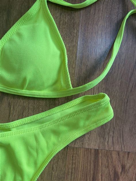 New Neon Green Triangle Bikini Women S Fashion Swimwear Bikinis Swimsuits On Carousell