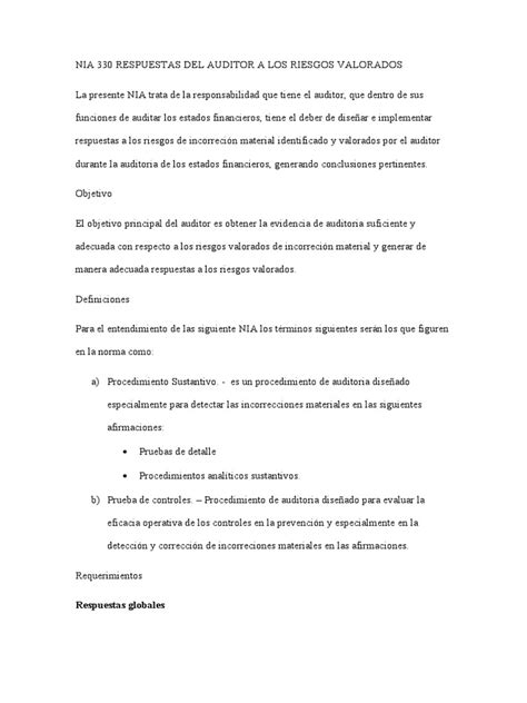 Nia 330 Respuestas Del Auditor A Los Riesgos Valorados Pdf