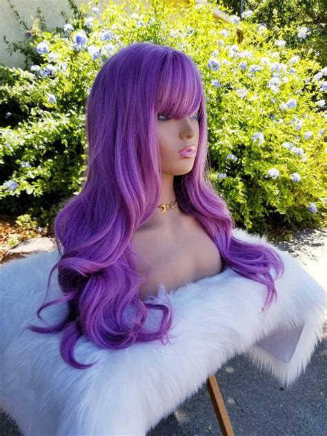 Purple Lavender Long Curly Wig With Bangs Synthetic Heat Resistant Costume Cosplay Wig Dark